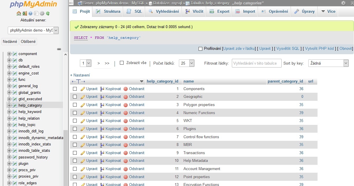 Ukázka z phpMyAdmin Ukázka z phpMyAdmin
